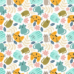 colorful vector pattern with cute animals and leaf