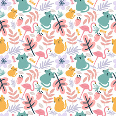 vector pattern with cute animals and leaf