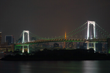 Fototapeta premium large and well lit bridge at night with buildings in background of city