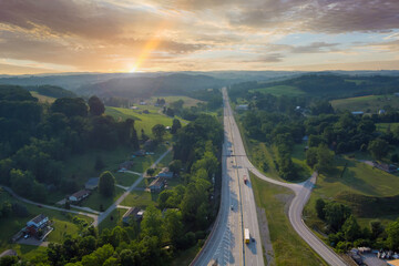 Aerial view of Dwight D. Eisenhower highway 70 road near small Bentleyville town in Pennsylvania,...