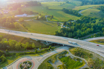 Aerial view of 70 road the Dwight D. Eisenhower highway near farm farmland in Bentleyville town in...