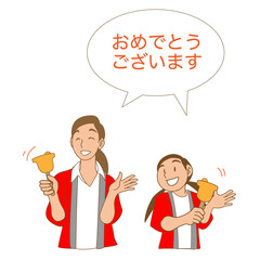 ガラガラで大当たりのベルを鳴らす店員親子のイラスト