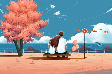 Couple snuggling in the sea is flying. Valentine's Day illustration
