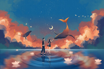 The adventure of lovers and whales.Beautiful Valentine's Day illustration - obrazy, fototapety, plakaty