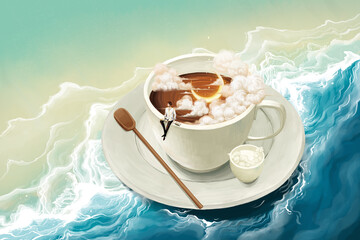 In the sea, people are reading a book sitting on a coffee cup.Leisure lifestyle illustration