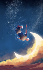 A man was flying in the clouds of the starry sky.painting