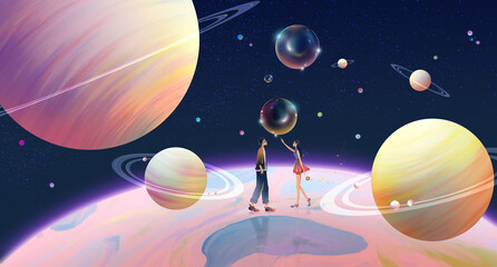 Lovers on a colorful planet. Valentine's Day painting