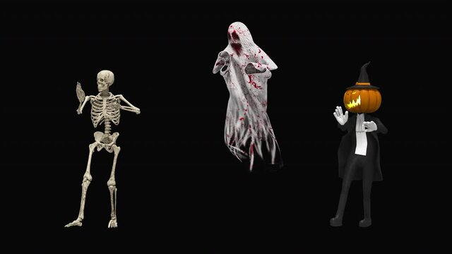 Halloween day. Ghost character bone dancing. 3d rendering, realistic CGI,3d mapping cartoon, Included in the end of the clip with Alpha channel