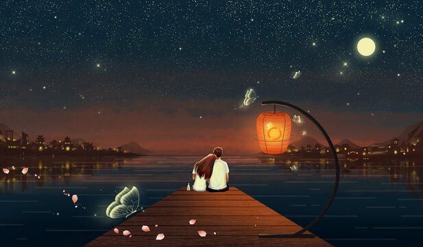 Couple snuggling on the shore.Beautiful Valentine's Day