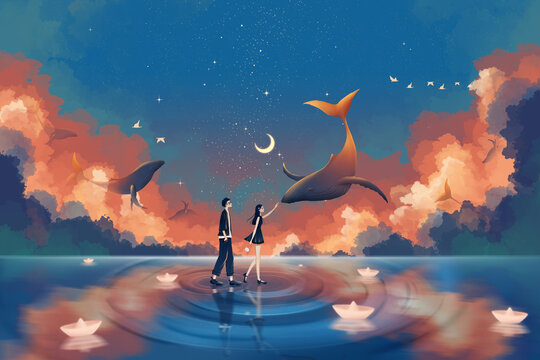 The adventure of lovers and whales.Beautiful Valentine's Day illustration