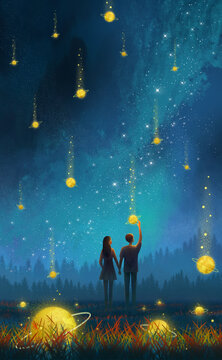 Lovers and falling planets. Beautiful surreal 