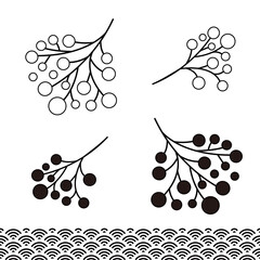 縁起がいい日本の新年の植物。南天と和柄のベクターイラスト。修正が簡単で年賀状に最適。