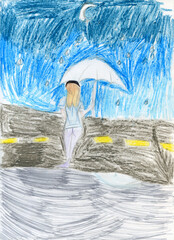 The girl walks at night in the rain. Pencil drawing