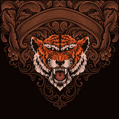 illustration tiger head with vintage engraving ornament