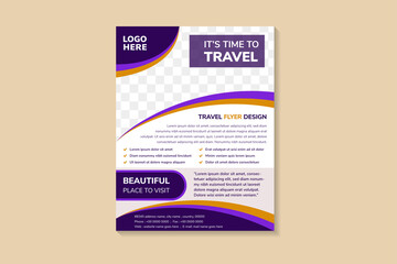 Abstract geometric flyer template design for travel industry. Curve space of photo collage. Advertising design with vertical layout. white background with purple, gold and grey on element. 