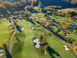 Autumn Golf Course, Golf course aerial, sand bunkers, aerial of golf