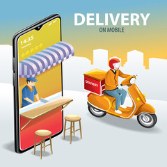 Online delivery package by scooter on mobile phone. Online order, Online shipping application, Smart Logistic. Concept for website, banner and mobile website. 3D Perspective Vector illustration
