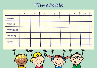 School timetable with seven lessons, four smiling kids holding document, vector illustration on blue background