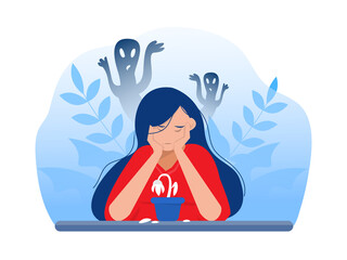Depressed girl with anxiety and scary fantasies feeling sorrow,fears, sadness vector illustration