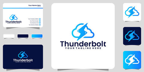 technology cloud logo inspiration and lightning thunderbolt icon and business card design