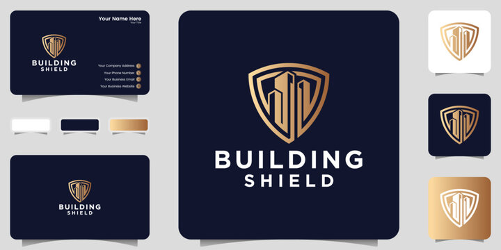 shield and building logo inspiration gold color business card design