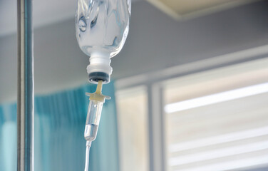 Normal saline solution (NSS.) bag and infusion pump for patient in the patient room at the...