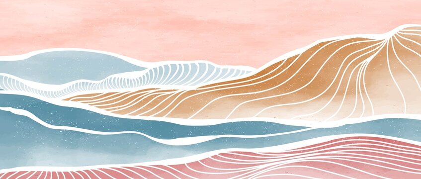 ocean wave and mountain. Creative minimalist modern line art print and hand painted. Abstract contemporary aesthetic backgrounds landscapes. vector illustrations
