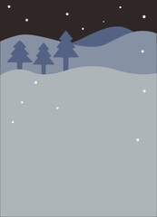 Landscape of mountains and trees on a snowy night