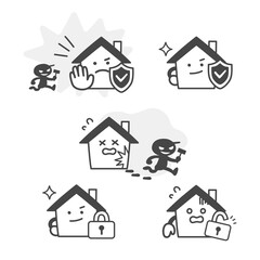 家のキャラクターの防犯やセキュリティに関する表情セット