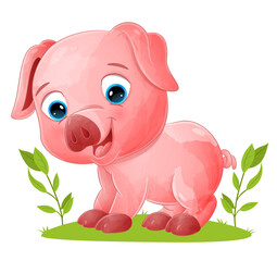 The happy pig is crawling with the feet in the garden