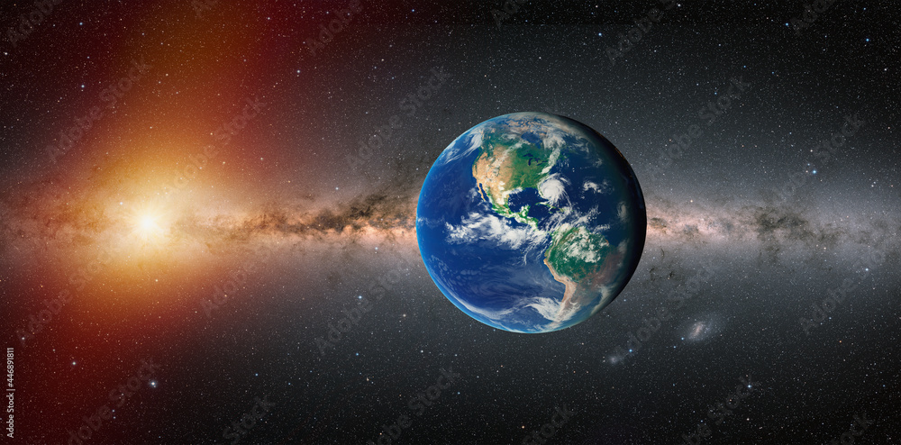 Poster View of Earth from outer space with millions of stars around it our star sun in the background  