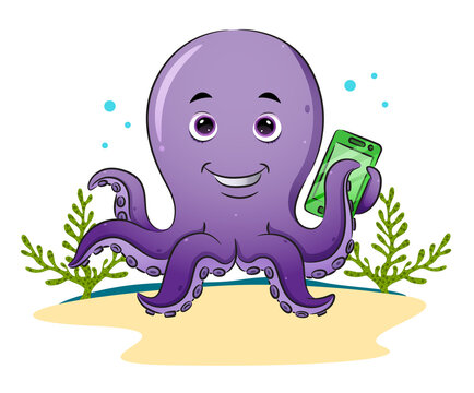The happy octopus is holding the new smart phone with the tentacle Print