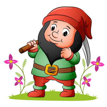 The dwarf is holding the pickaxe and standing in the garden