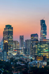 Naklejka premium Bangkok city - Aerial view of Bangkok city downtown cityscape urban skyline at night , landscape Thailand
