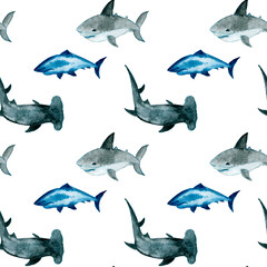 Watercolor corals. Seamless pattern with the underwater world sea animals.Paper Watercolor Blue Pattern.Splashy Seashell,Jellyfish,Fairy mermaids.