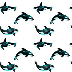 World Oceans Day Watercolor   Seamless pattern with the underwater world sea animals.Paper Watercolor Blue Pattern.Splashy Seashell,Jellyfish,Fairy mermaids.