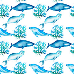 Watercolor corals. Seamless pattern with the underwater world sea animals.Paper Watercolor Blue Pattern.Splashy Seashell,Jellyfish,Fairy mermaids.