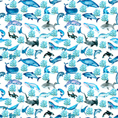 Watercolor corals. Seamless pattern with the underwater world sea animals.Paper Watercolor Blue Pattern.Splashy Seashell,Jellyfish,Fairy mermaids.