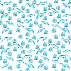 Watercolor corals. Seamless pattern with the underwater world sea animals.Paper Watercolor Blue Pattern.Splashy Seashell,Jellyfish,Fairy mermaids.