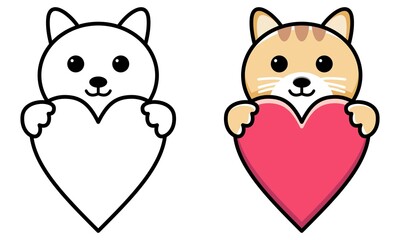 cat hug red heart coloring page for kids