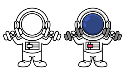 astronaut holding a dumbbells coloring page for kids
