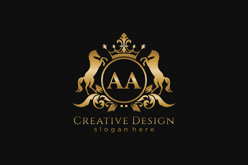 initial AA Retro golden crest with circle and two horses, badge template with scrolls and royal crown - perfect for luxurious branding projects