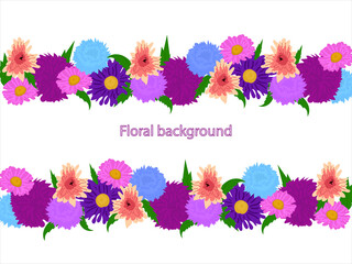 Floral background on a white background. Asters, gladioli, autumn flowers for a postcard, banner, poster. Colored flat illustrations. Colored flat illustrations.