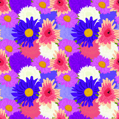 Fototapeta premium Floral seamless pattern against white background. Asters, dahlias, phloxes, autumn flowers for a postcard, banner, poster. Colored flat illustration.