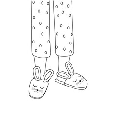 Legs of girls in pajamas and slippers, black outline, isolated vector illustration in the flat style