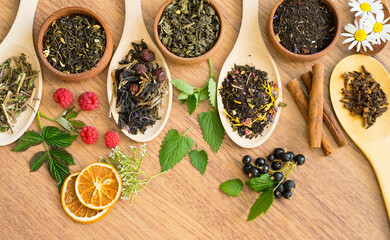 Assorted different sorts of tea on the table and additives to it