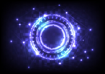 Digital infographic. Abstract hologram hi-tech background. Virtual reality technology electric innovation. Circuit board interface. Futuristic Sci-Fi glowing HUD circle and stars. Science data