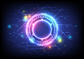 Digital infographic. Abstract hologram hi-tech background. Virtual reality technology electric innovation. Circuit board interface. Futuristic Sci-Fi glowing HUD circle and stars. Connection of data