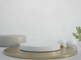 Round white marble podium with a metallic gold base on concrete floor and empty wall background in luxury studio scene. Modern showroom interior 3d rendering image for product display.
