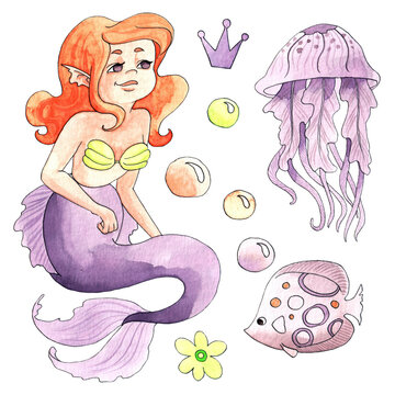 Watercolor set with little mermaid, jellyfish, fish and bubbles. Cozy illustration for postcards, banner, book isolated on white background.